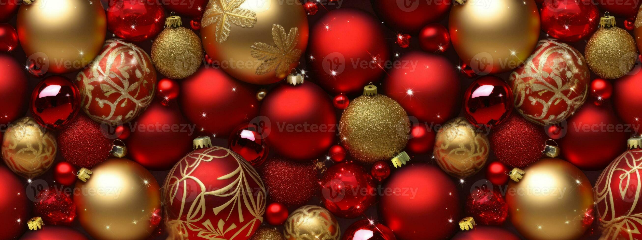 A collection of shiny red and gold Christmas balls arranged in an eye-catching pattern, creating a luxurious and celebratory atmosphere for web banners. Generative AI photo