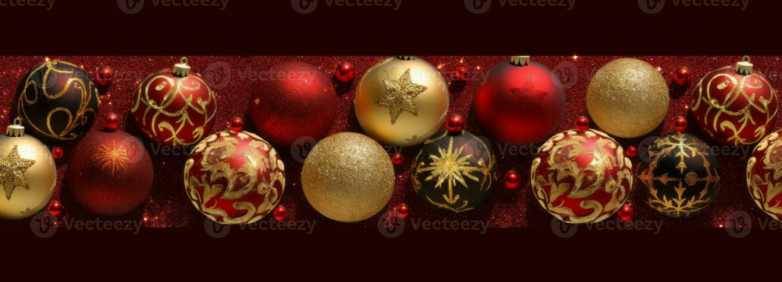 A composition of elegant red and gold Christmas ornaments arranged in a visually pleasing pattern, adding a touch of sophistication and warmth to web banner. Generative AI photo