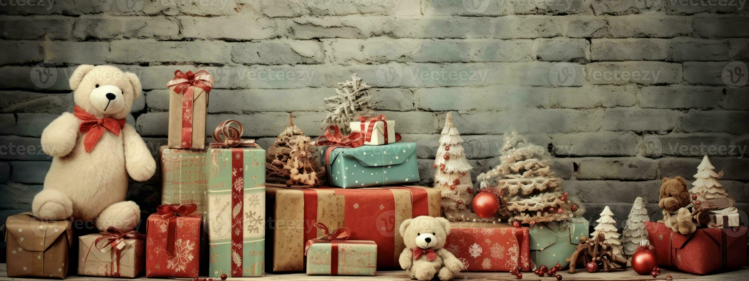 Vintage-inspired Christmas decorations like retro baubles, antique toys, and old-fashioned ornaments, infusing web banners with nostalgic charm and timeless appeal. Generative AI photo