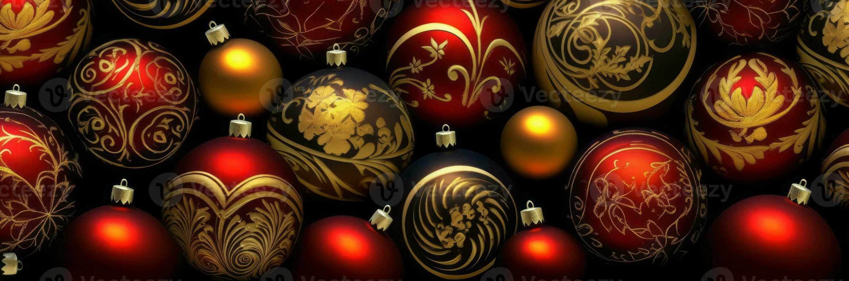 A composition of elegant red and gold Christmas ornaments arranged in a visually pleasing pattern, adding a touch of sophistication and warmth to web banner. Generative AI photo