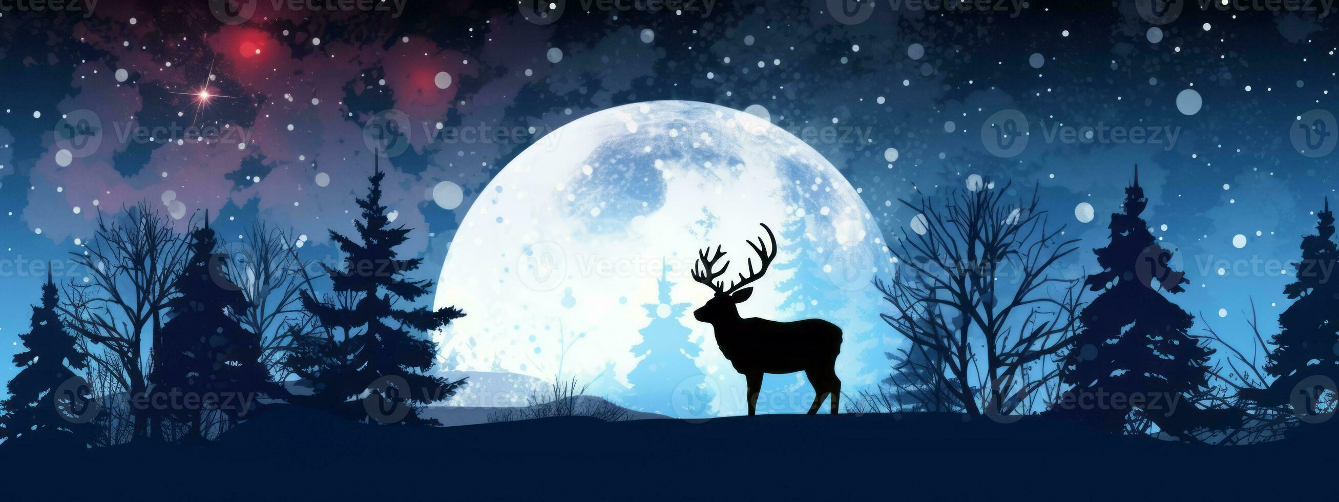 A graceful silhouette of a reindeer against a moonlit sky, conveying the enchantment and magic of Christmas. Web banner backdrop. Generative AI photo