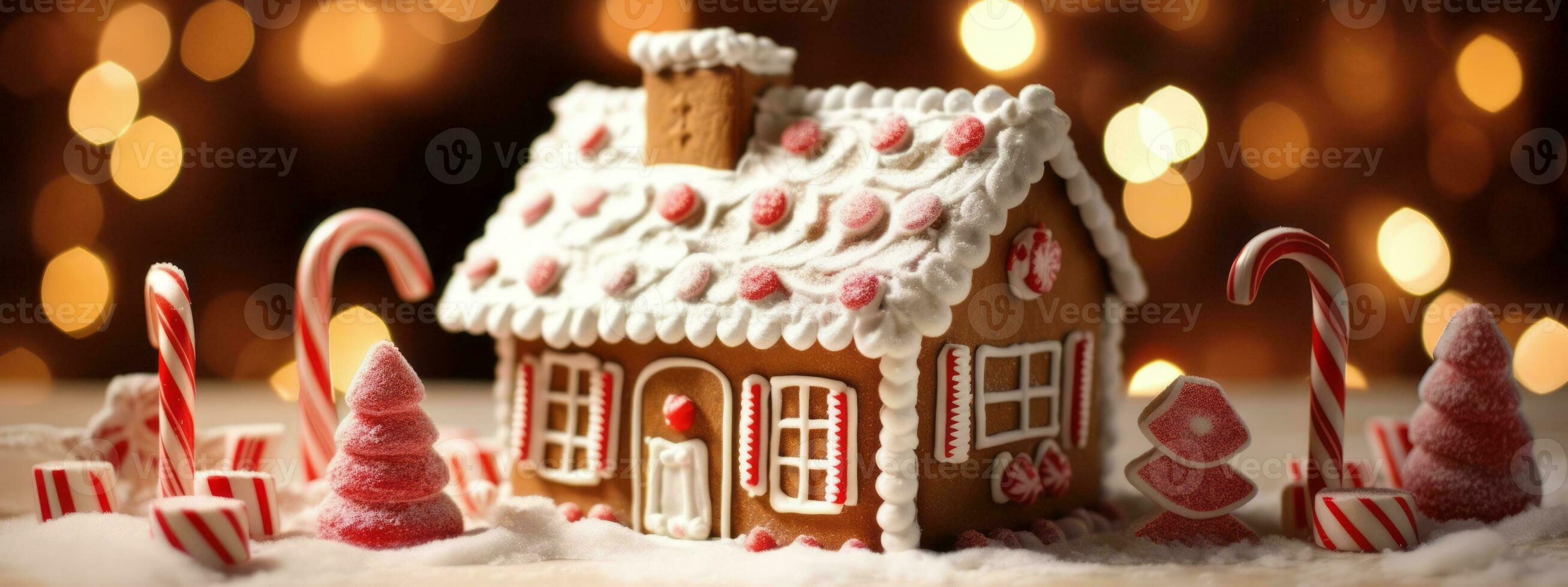 A charming and whimsical gingerbread house adorned with candy canes, gumdrops, and frosting, adding a touch of sweetness and nostalgia to web banners. Generative AI photo
