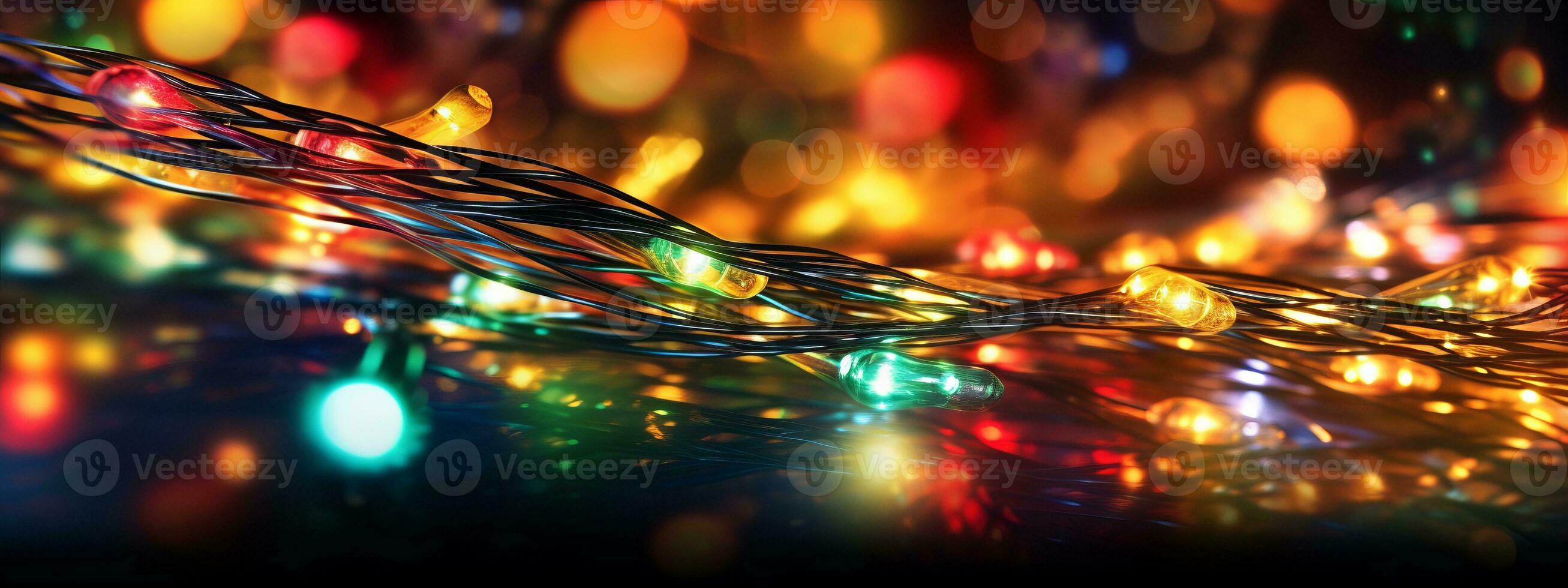 A close-up shot of twinkling Christmas lights in vibrant colors, illuminating the darkness and adding a warm glow to web banners. Generative AI photo