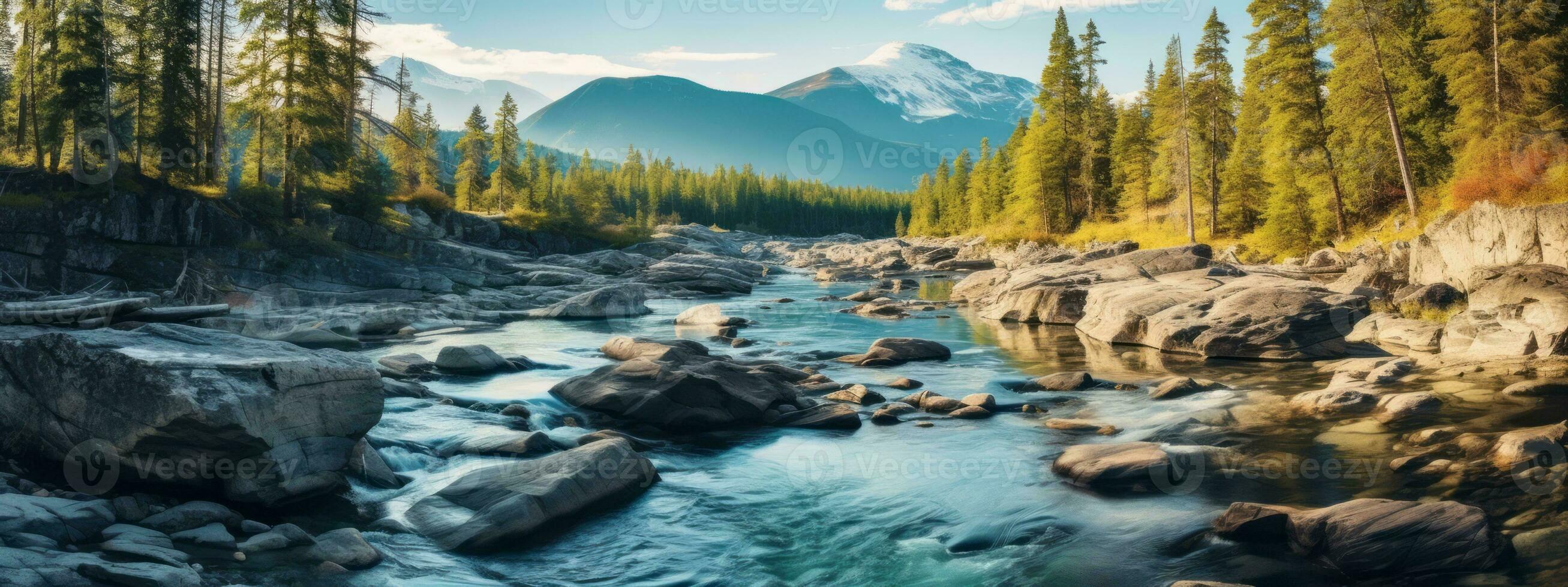 Breathtaking landscape with vibrant colors and natural elements such as mountains, forests, or waterfalls, creating a captivating and serene web banner. Generative AI photo