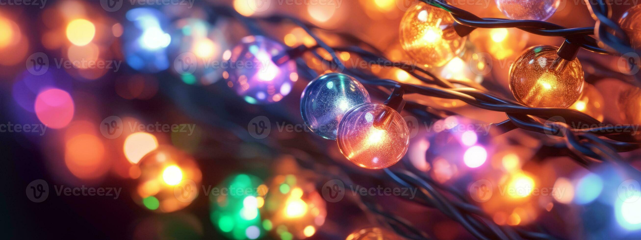 A close up shot of twinkling Christmas lights in vibrant colors
