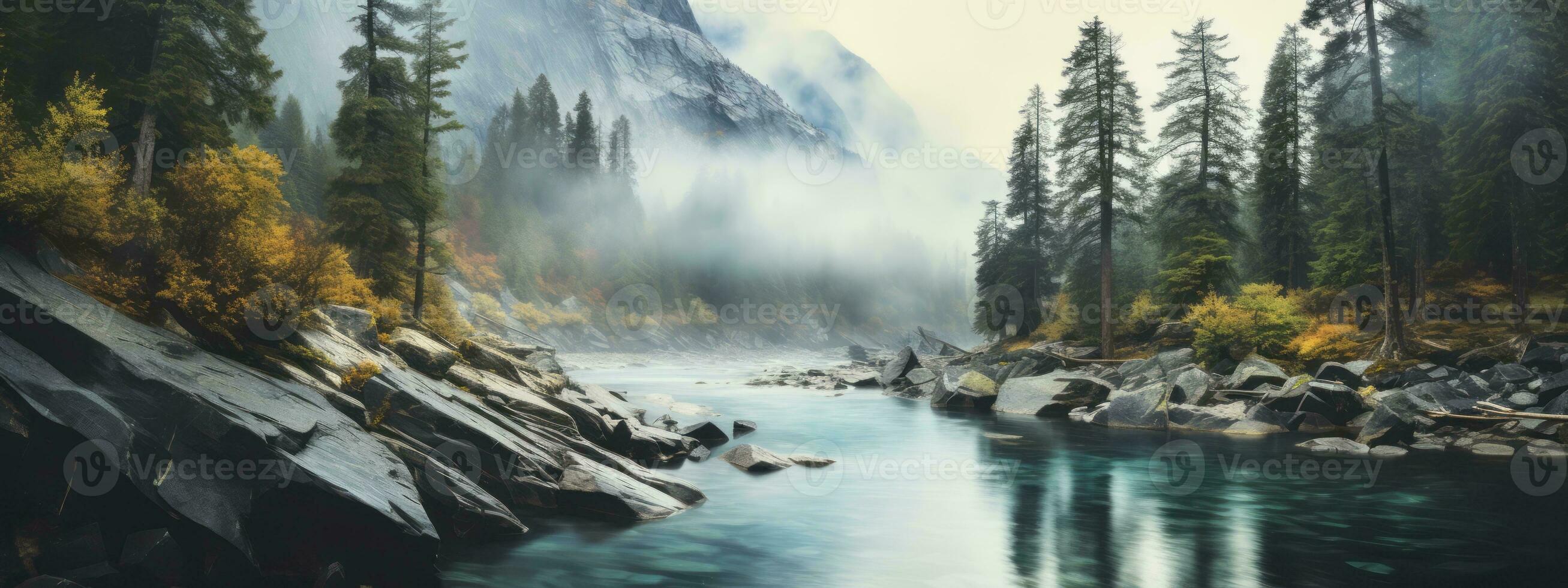 Breathtaking landscape with vibrant colors and natural elements such as mountains, forests, or waterfalls, creating a captivating and serene web banner. Generative AI photo