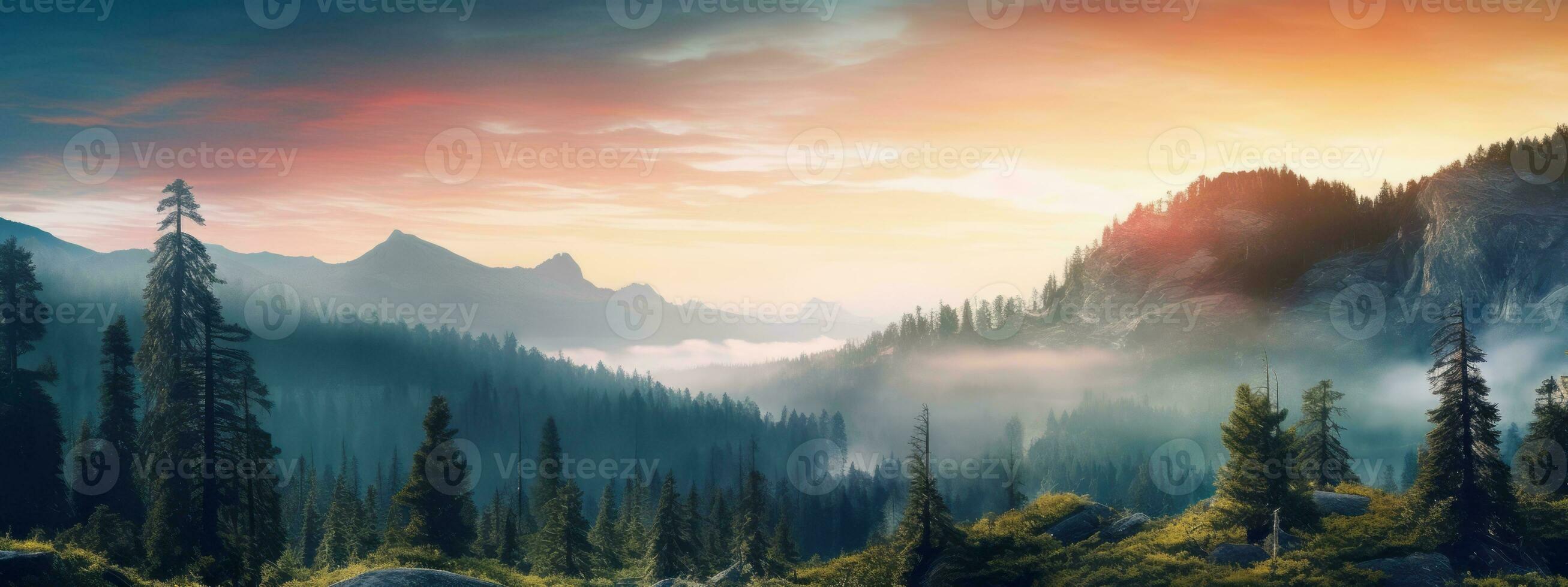 Breathtaking landscape with vibrant colors and natural elements such as mountains, forests, or waterfalls, creating a captivating and serene web banner. Generative AI photo