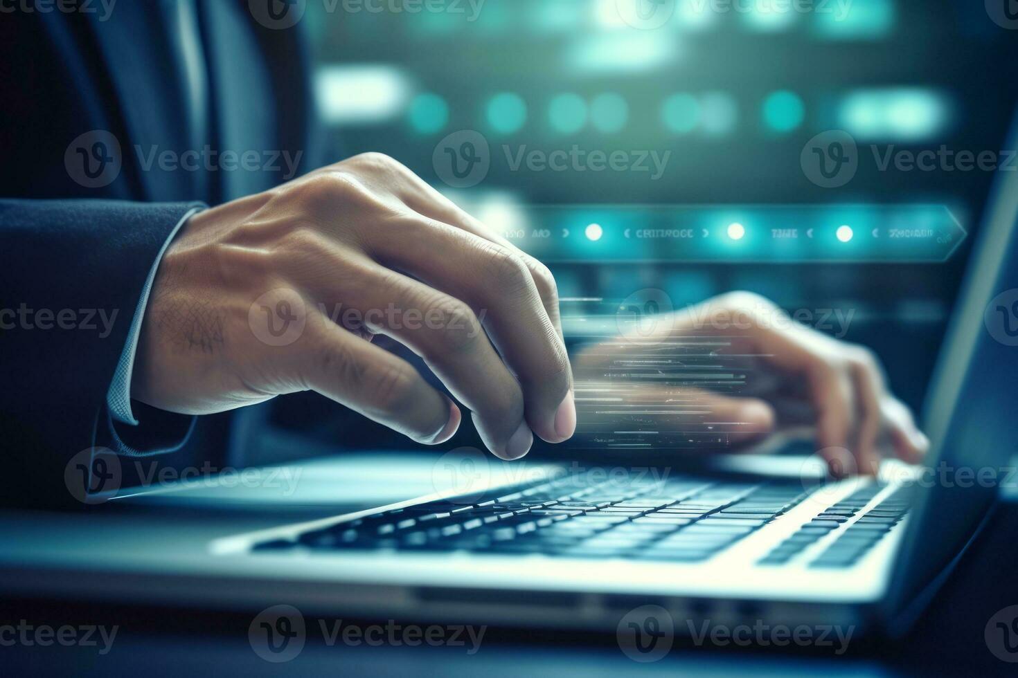 Businessman hand Browsing Internet Data Information Search engine. Networking Concept. Generative AI photo