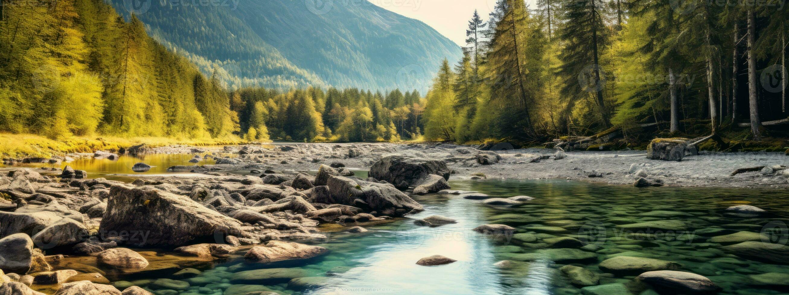 Breathtaking landscape with vibrant colors and natural elements such as mountains, forests, or waterfalls, creating a captivating and serene web banner. Generative AI photo