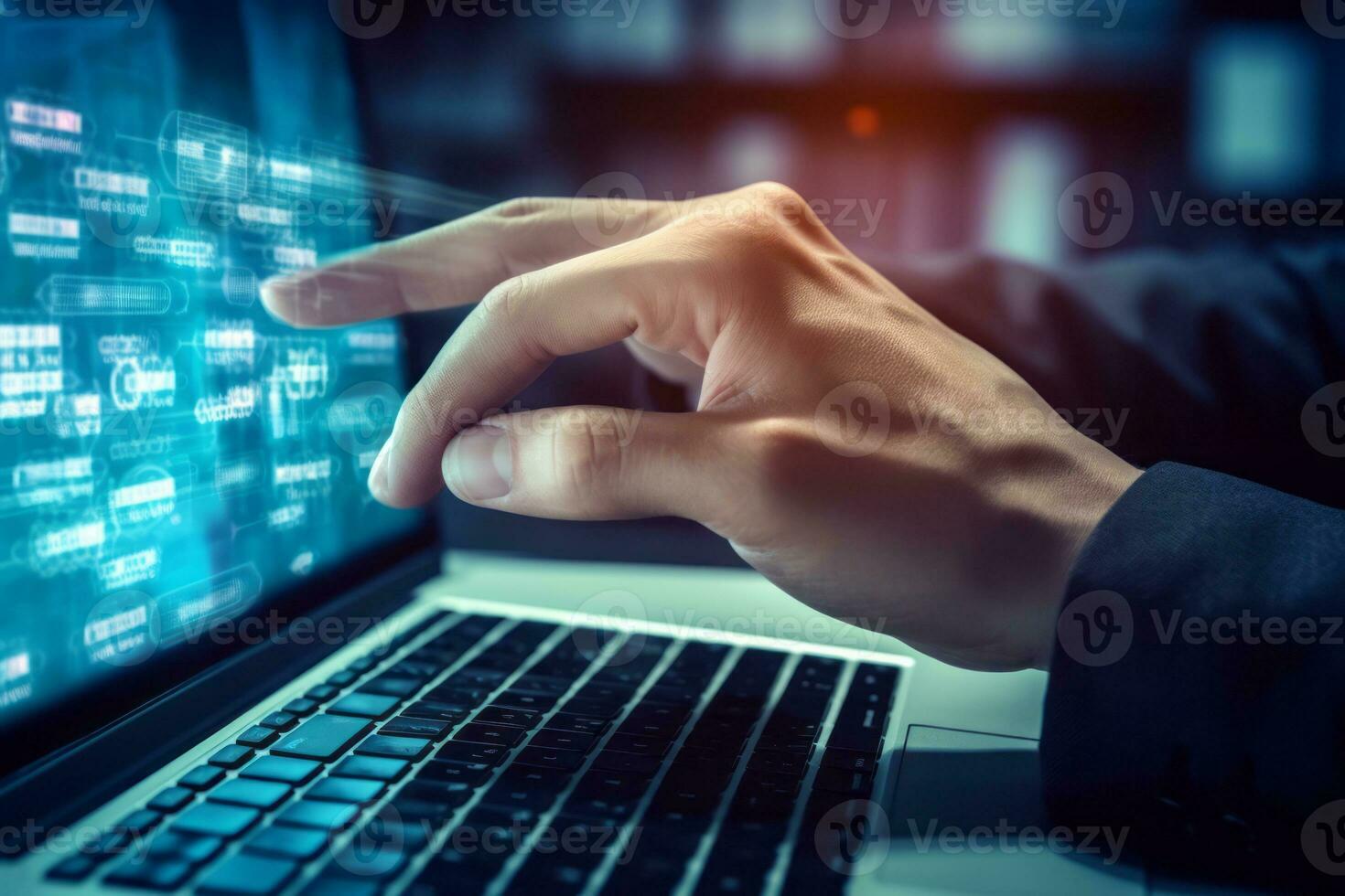 Businessman hand Browsing Internet Data Information Search engine. Networking Concept. Generative AI photo