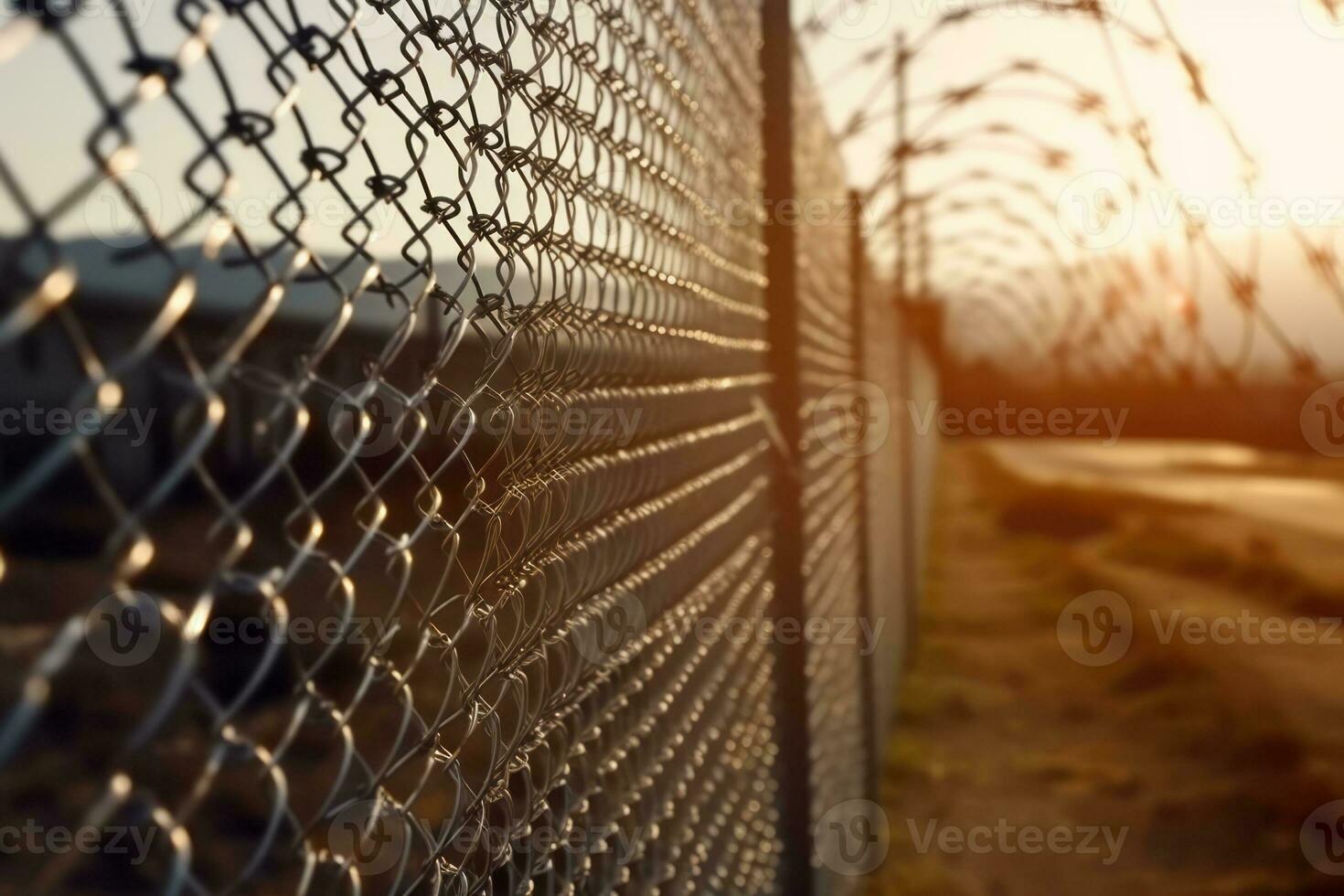 An image of a high-security prison fence or perimeter wall, symbolizing the separation between inmates and the outside world. Generative AI photo