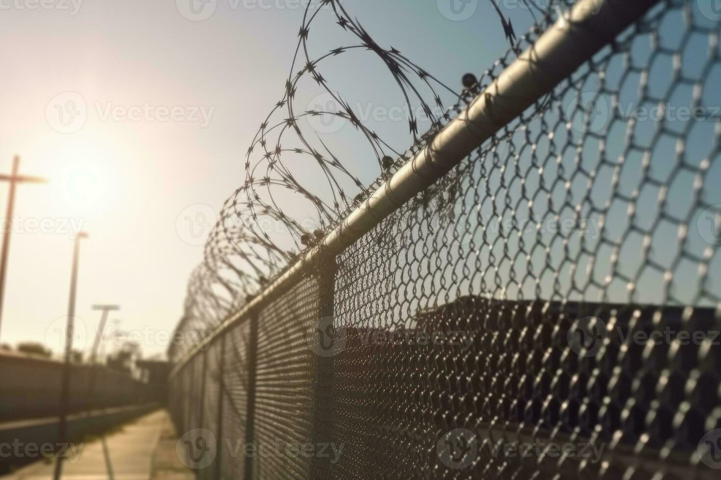 An image of a high-security prison fence or perimeter wall, symbolizing the separation between inmates and the outside world. Generative AI photo