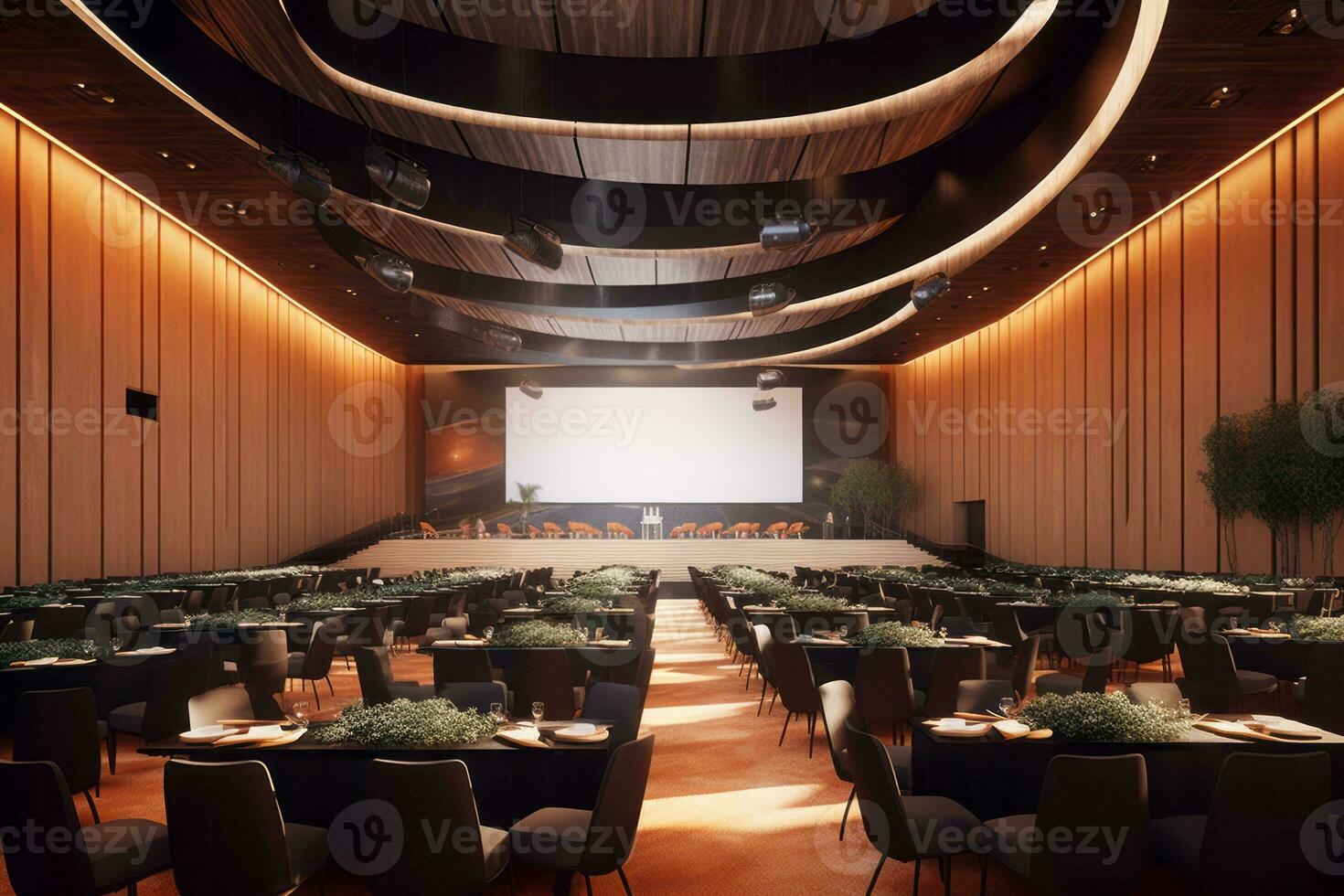 An impressive 3D render of a versatile conference or event venue, showcasing spacious halls, modern audiovisual equipment, and an ambiance that fosters creativity and connection. Generative Ai photo