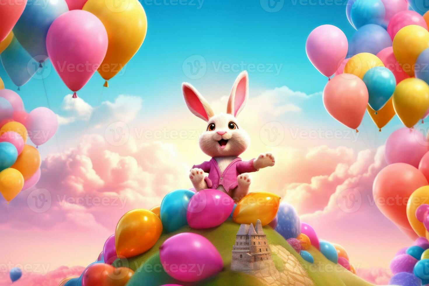 Bunny floating among colorful Easter balloons in the sky, with fluffy clouds and a backdrop of a vibrant sunrise, symbolizing the joy and excitement of Easter morning. 3d Render. Generative AI photo