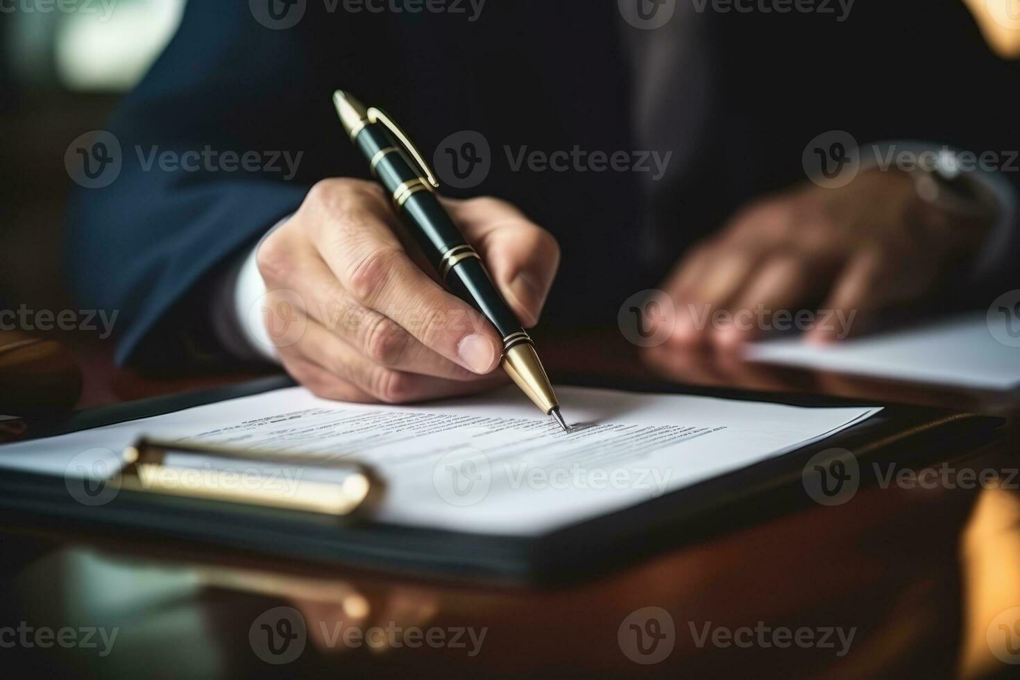 Closeup businessman hand signing significant contract document, with pen writing down signature on contract paper. Generative Ai photo