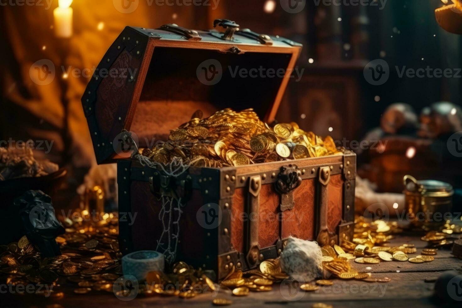 Opened old treasure chest full with gold coins. Generative Ai photo