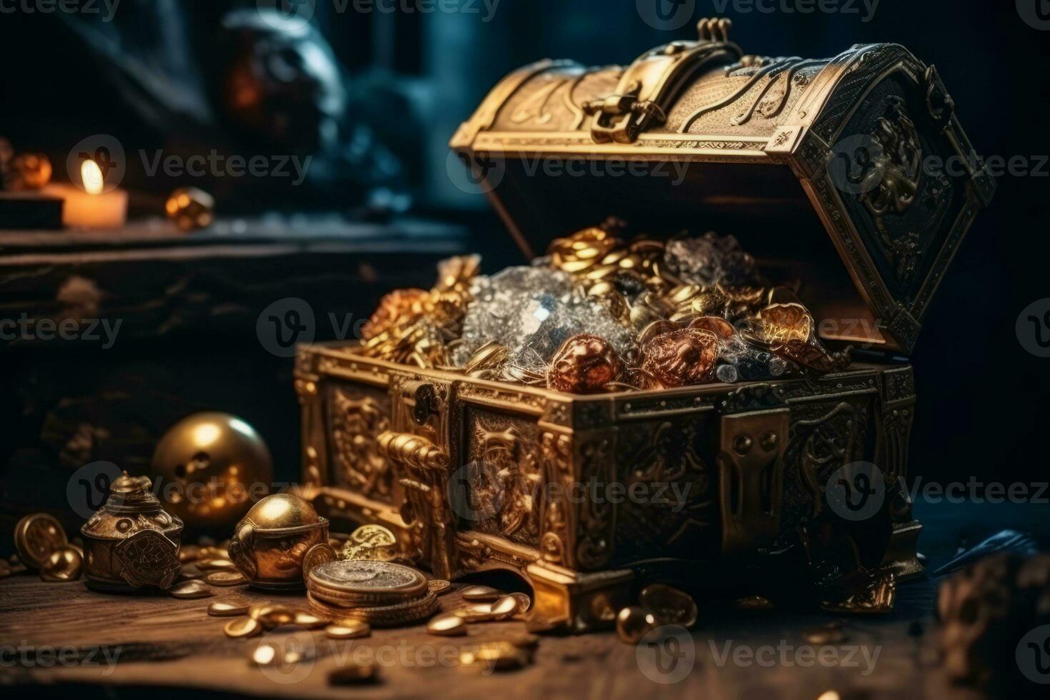 Opened old treasure chest full with gold coins. Generative Ai photo
