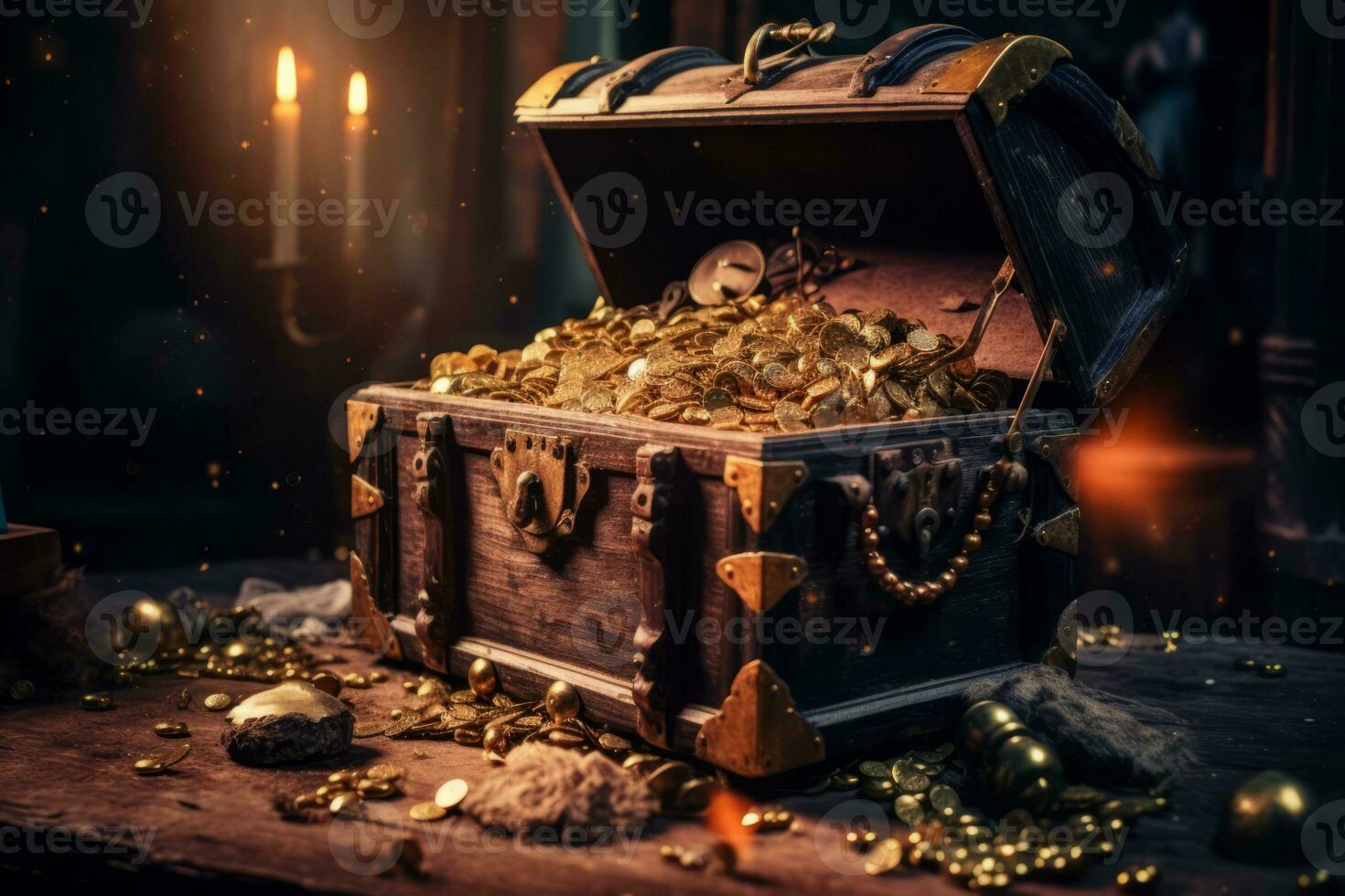 Opened old treasure chest full with gold coins. Generative Ai photo