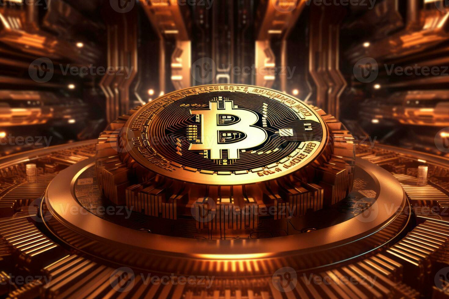 A circuit board with a prominent bitcoin symbol in the center, indicative of cryptocurrency technology. The bitcoin symbol is surrounded by various electronic components. Generative Ai photo
