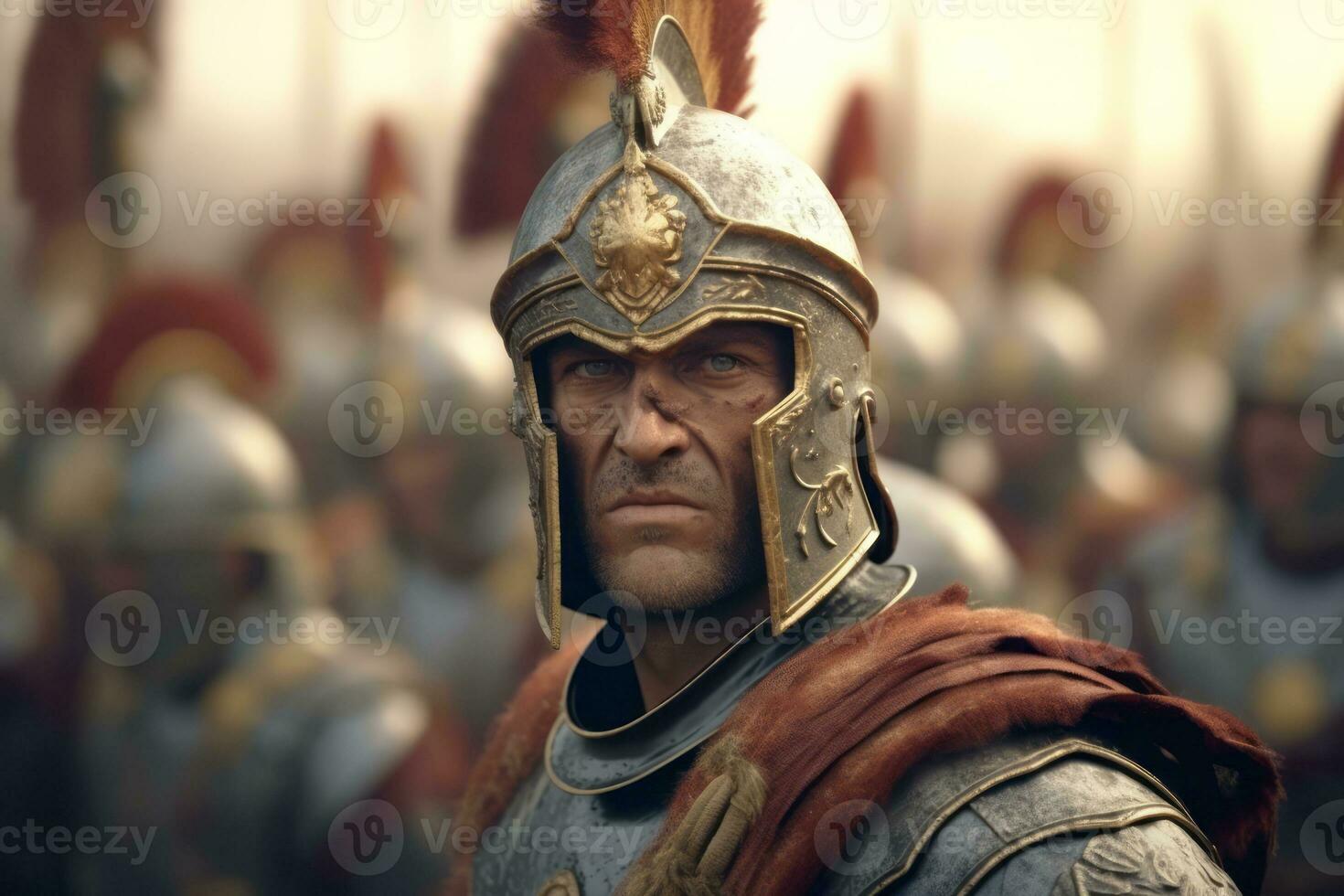 A Roman warrior stands in front of a group of soldiers, all wearing armor and carrying weapons. Generative AI photo