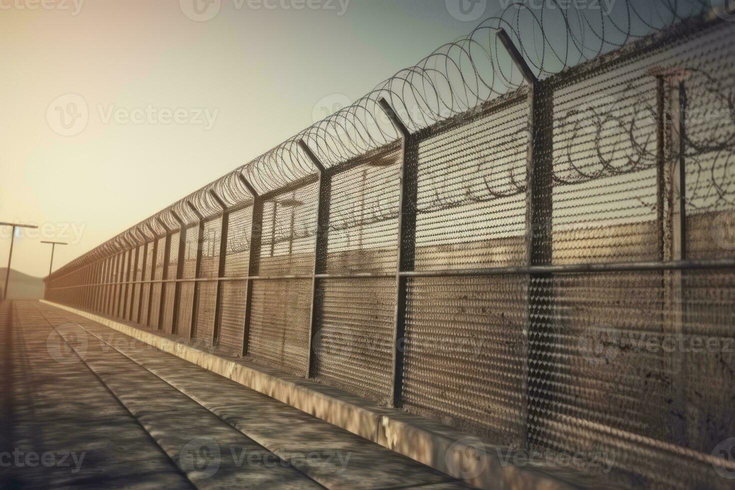 An image of a high-security prison fence or perimeter wall, symbolizing the separation between inmates and the outside world. Generative AI photo