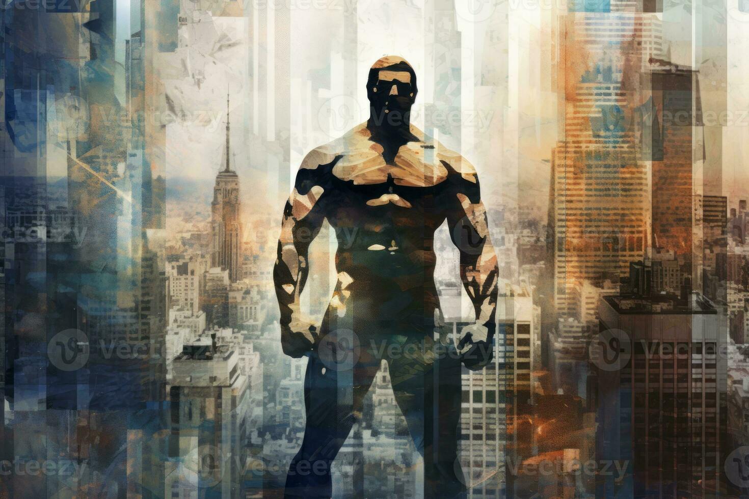 Painting of a man in gym, standing in front of a big city. Generative AI photo