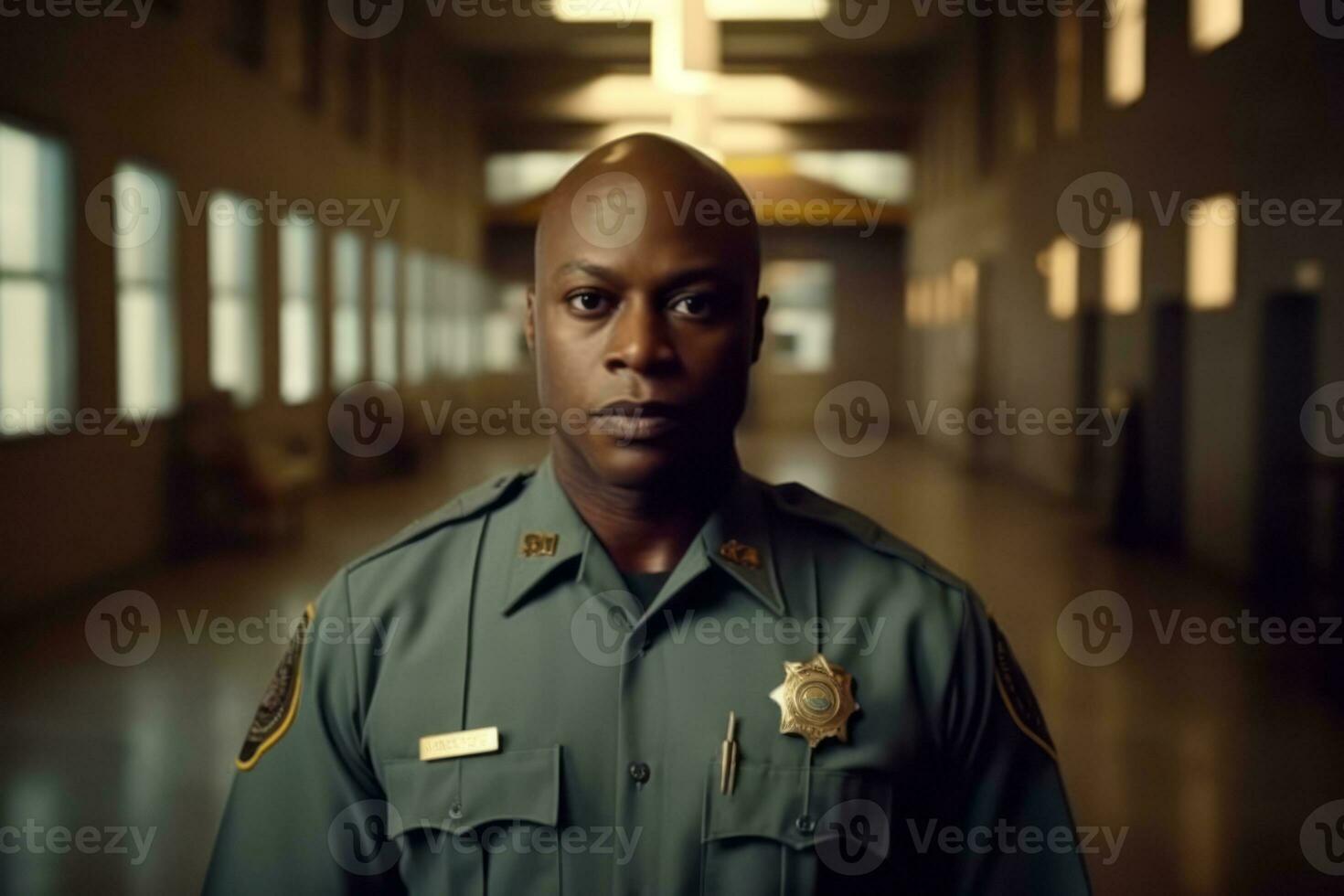 An image featuring a correctional officer in uniform, patrolling or interacting with inmates, highlighting their role in maintaining order and security within the prison. Generative AI photo