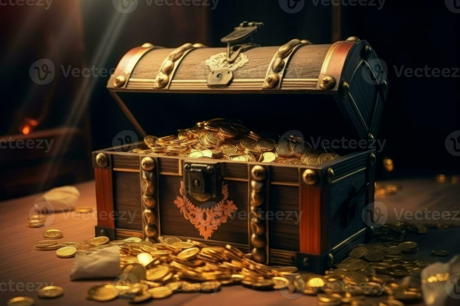 Opened old treasure chest full with gold coins. Generative Ai photo