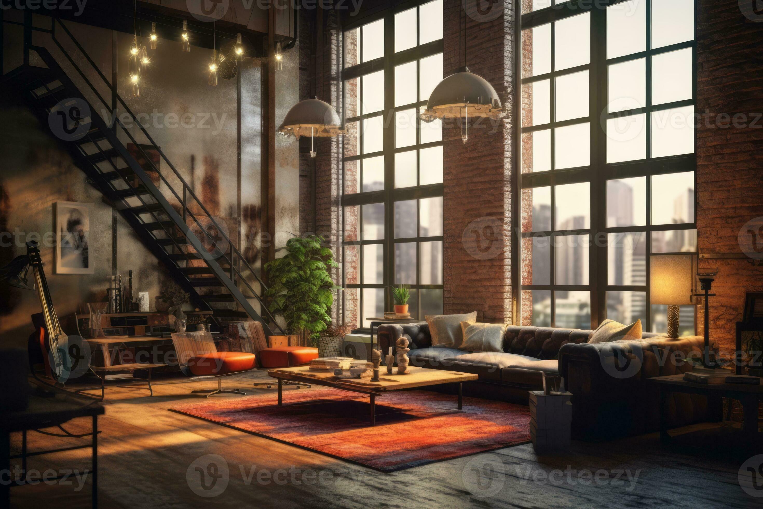 Interior of a trendy urban loft with high ceilings, exposed brick walls
