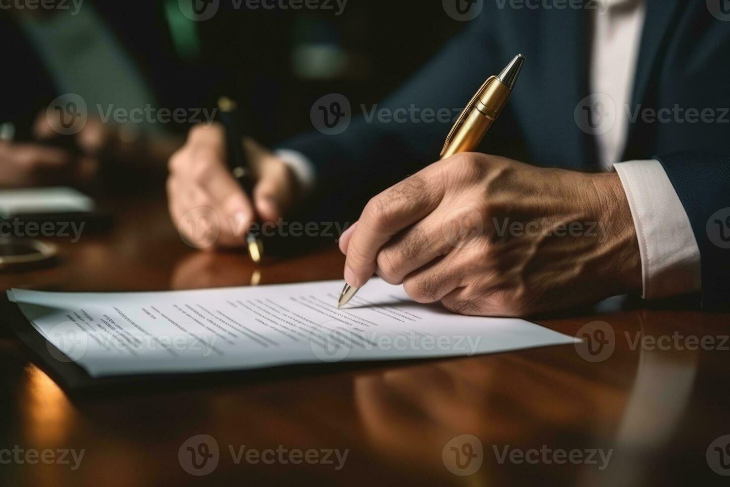 Closeup businessman hand signing significant contract document, with pen writing down signature on contract paper. Generative Ai photo