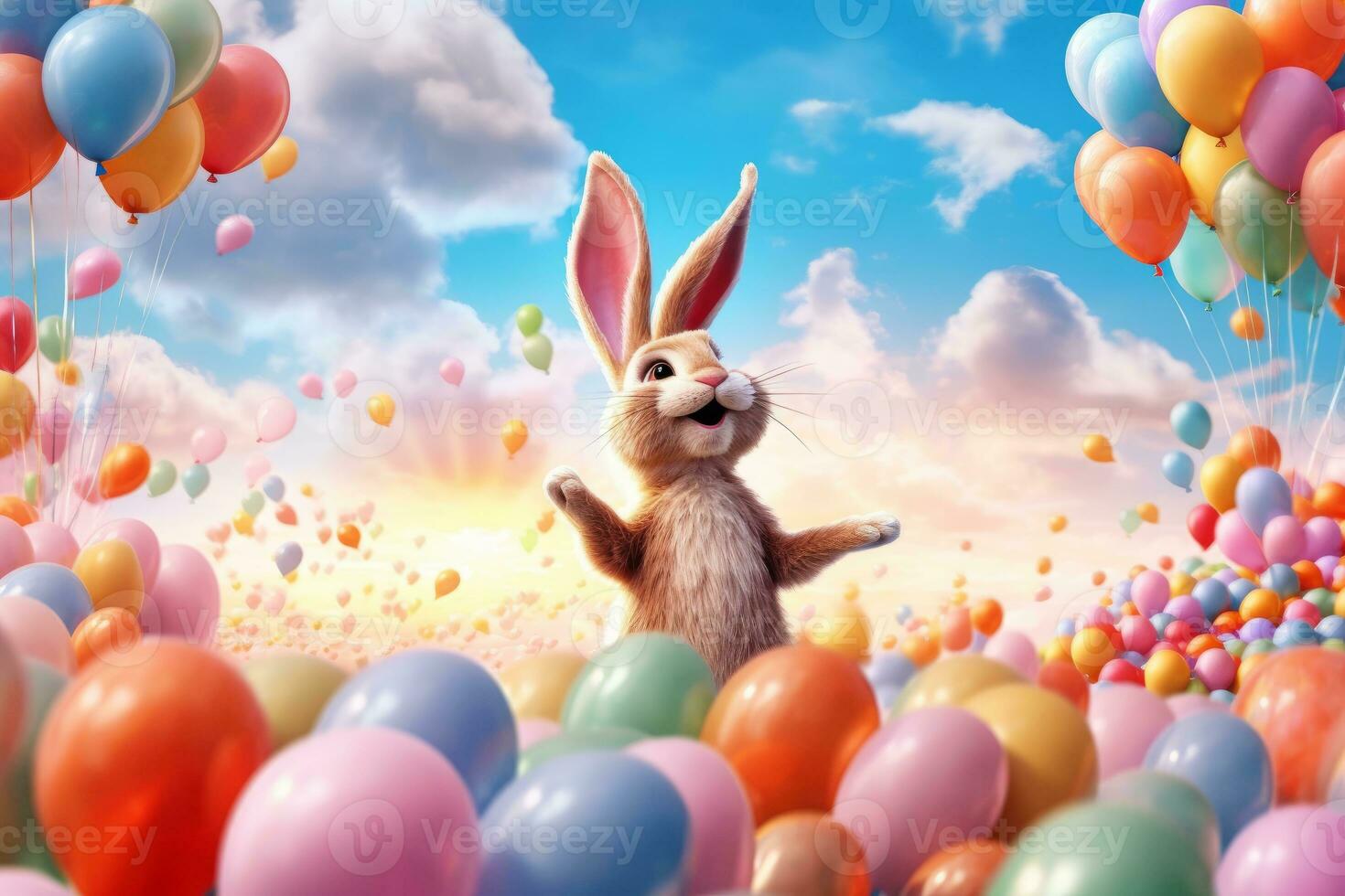 Bunny floating among colorful Easter balloons in the sky, with fluffy clouds and a backdrop of a vibrant sunrise, symbolizing the joy and excitement of Easter morning. 3d Render. Generative AI photo