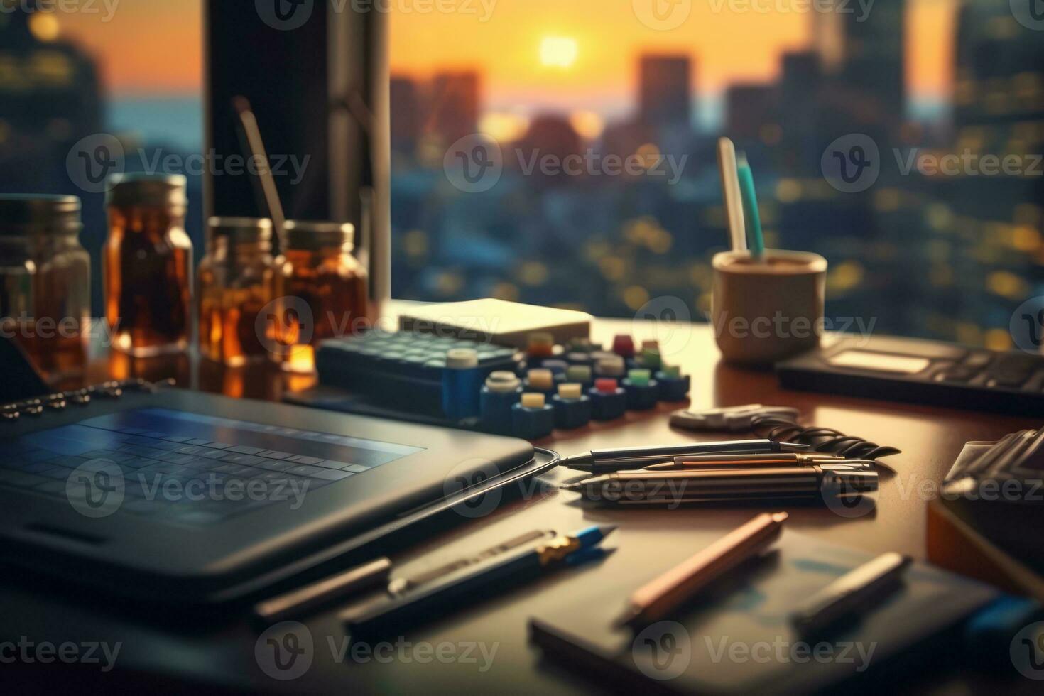 A close-up image focusing on essential office supplies such as pens, notebooks, a laptop, and a cup of coffee, representing productivity and organization. Generative AI photo