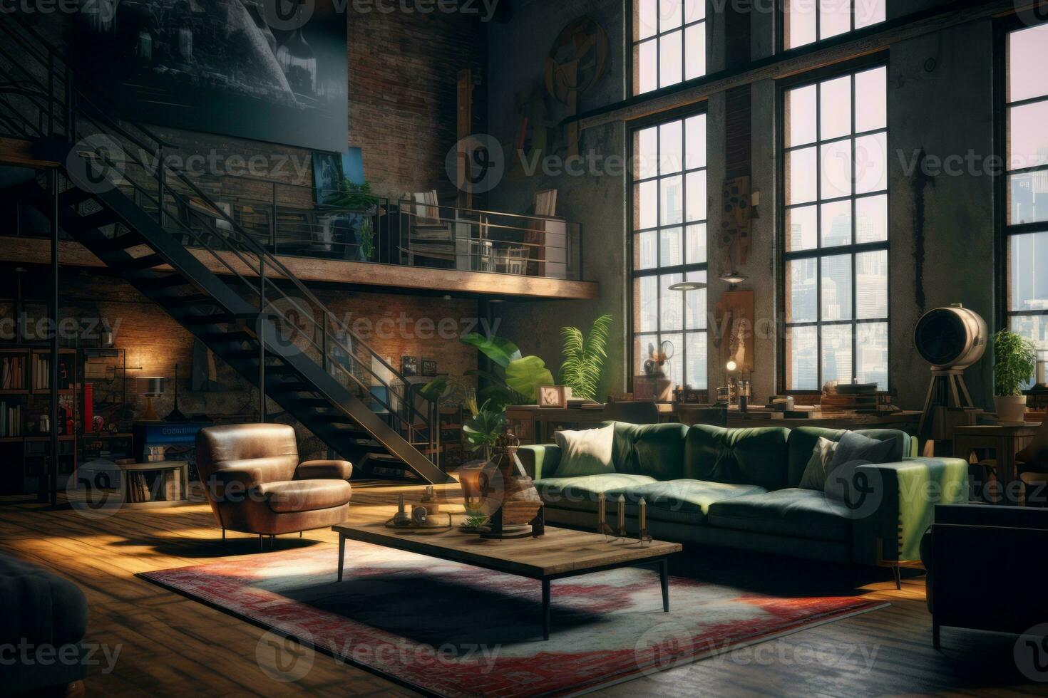 Interior of a trendy urban loft with high ceilings, exposed brick walls, and industrial-inspired decor, combining modern aesthetics with an edgy urban vibe. Generative Ai photo
