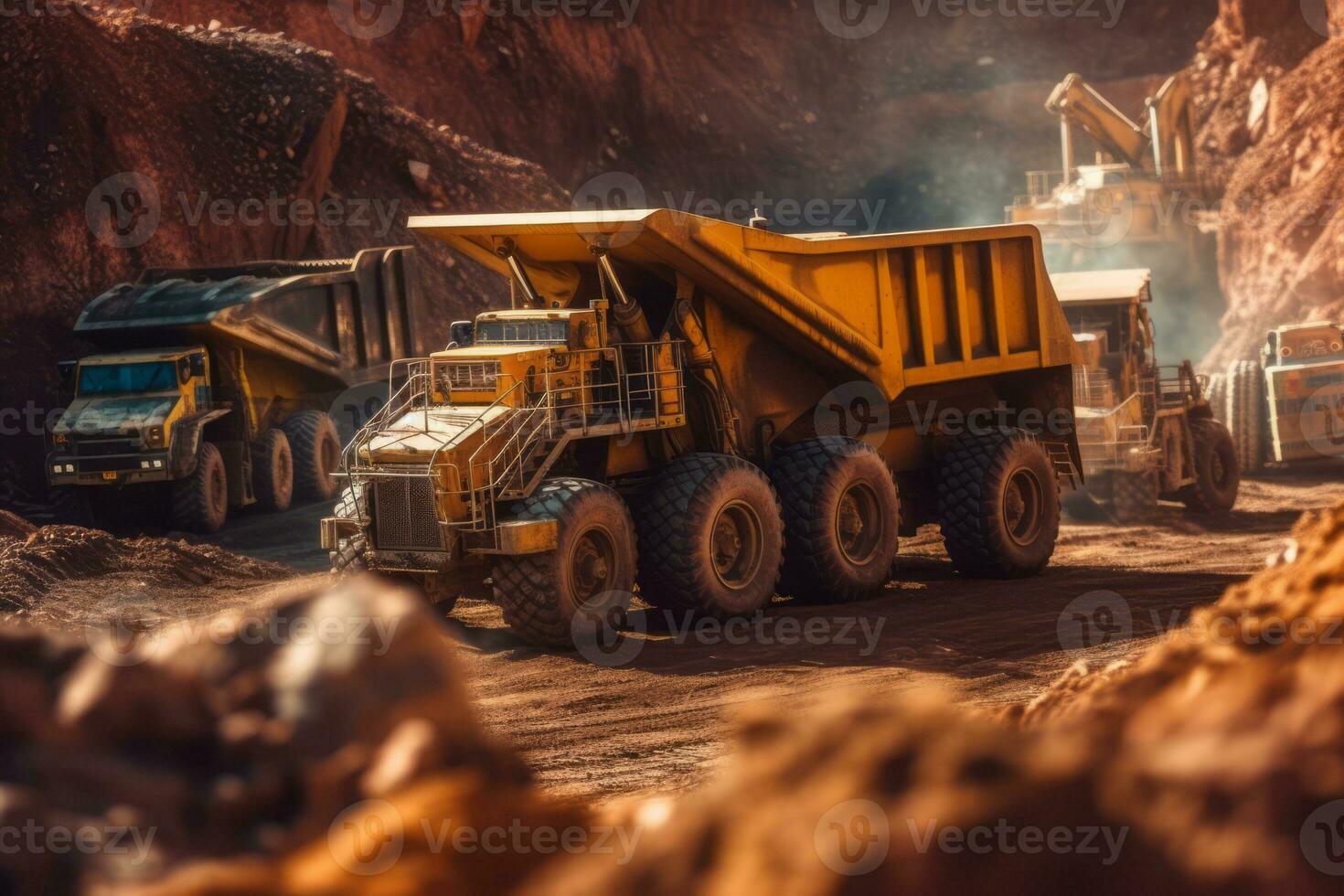 Heavy machinery, such as excavators and dump trucks, operating in a mining pit, highlighting the industrial nature and scale of mining operations. Generative AI photo