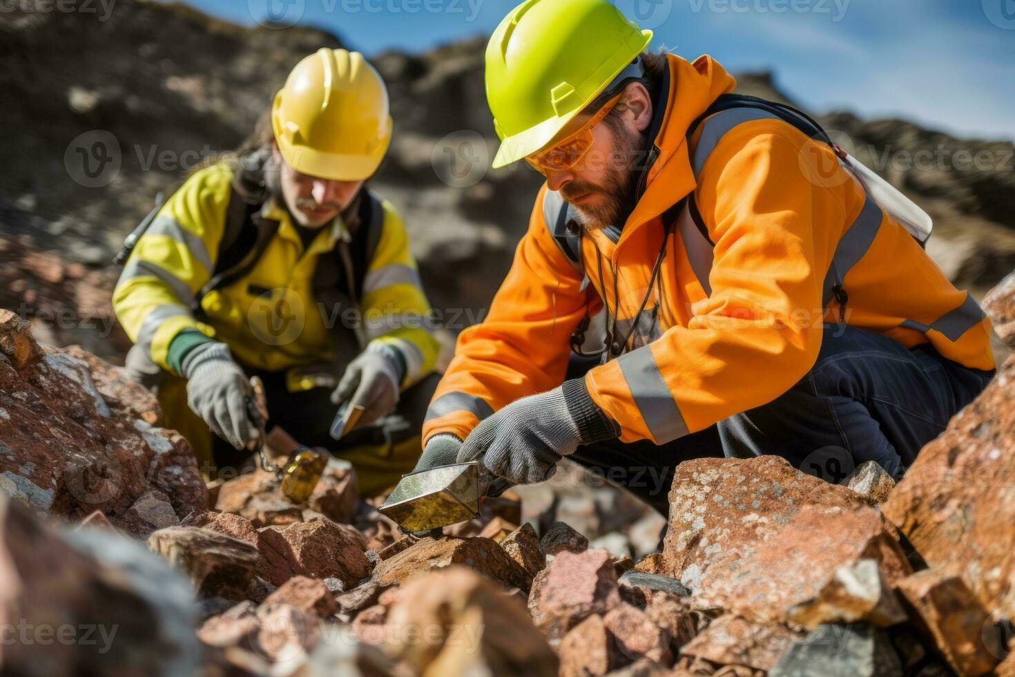 Geologists examining rock samples or using specialized equipment to analyze the geological composition of a mining site, emphasizing the scientific aspect of mining. Generative AI photo