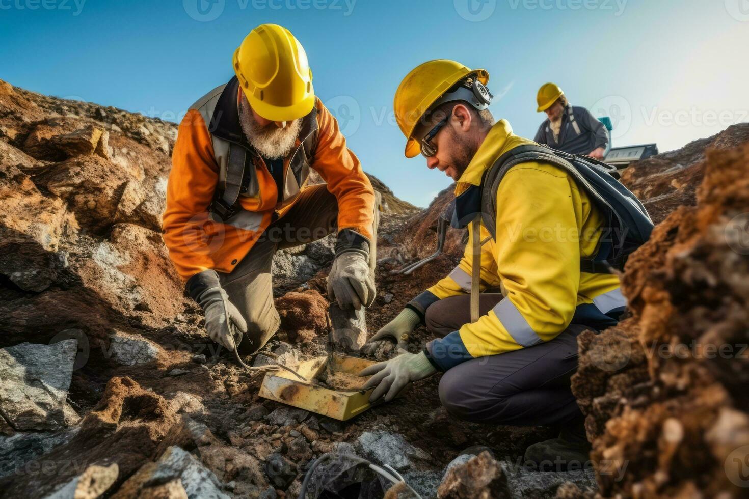 Geologists examining rock samples or using specialized equipment to analyze the geological composition of a mining site, emphasizing the scientific aspect of mining. Generative AI photo