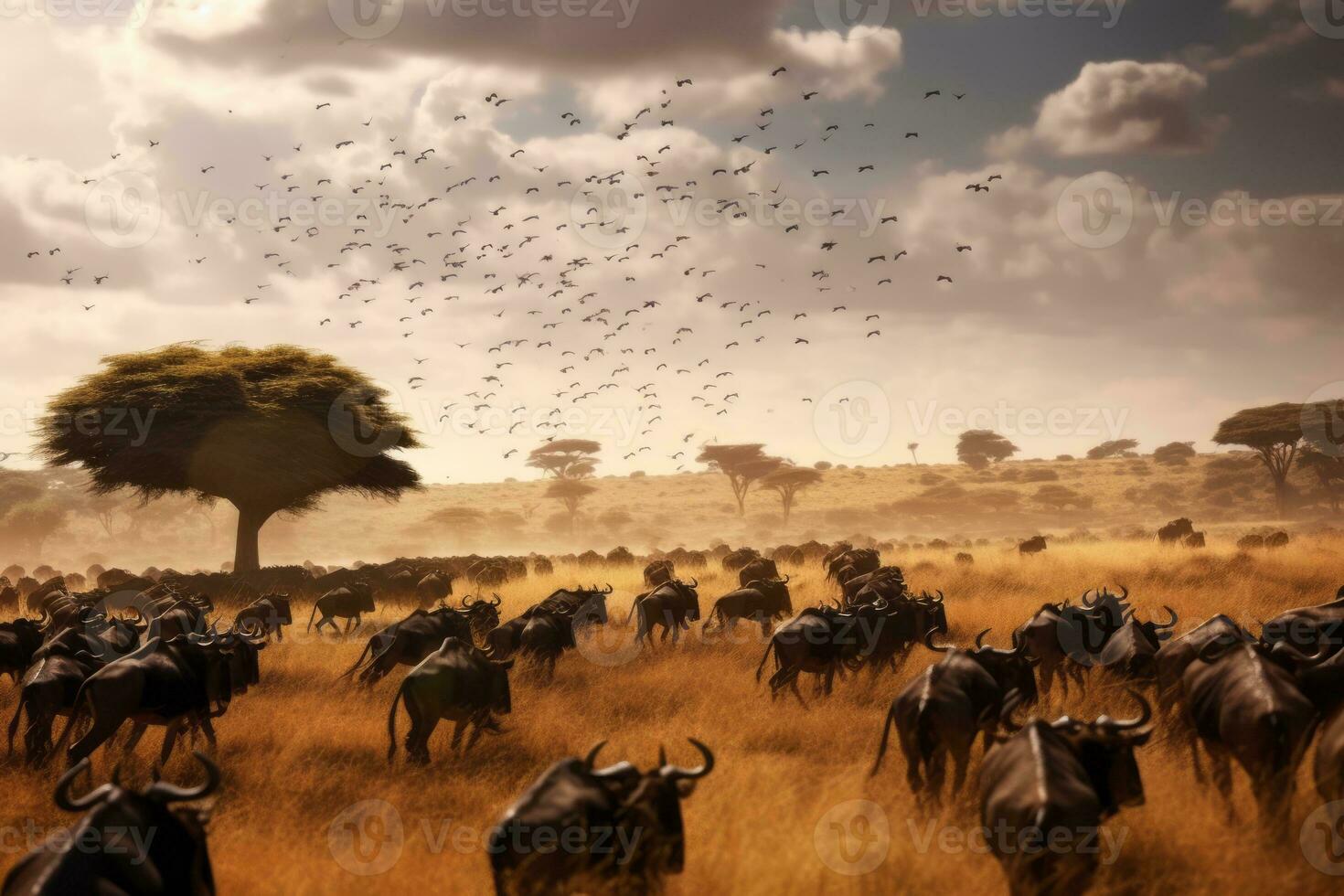 Annual wildebeest migration in the Serengeti, showcasing a vast landscape filled with thousands of animals on the move, symbolizing the circle of life and the beauty of nature. Generative AI photo