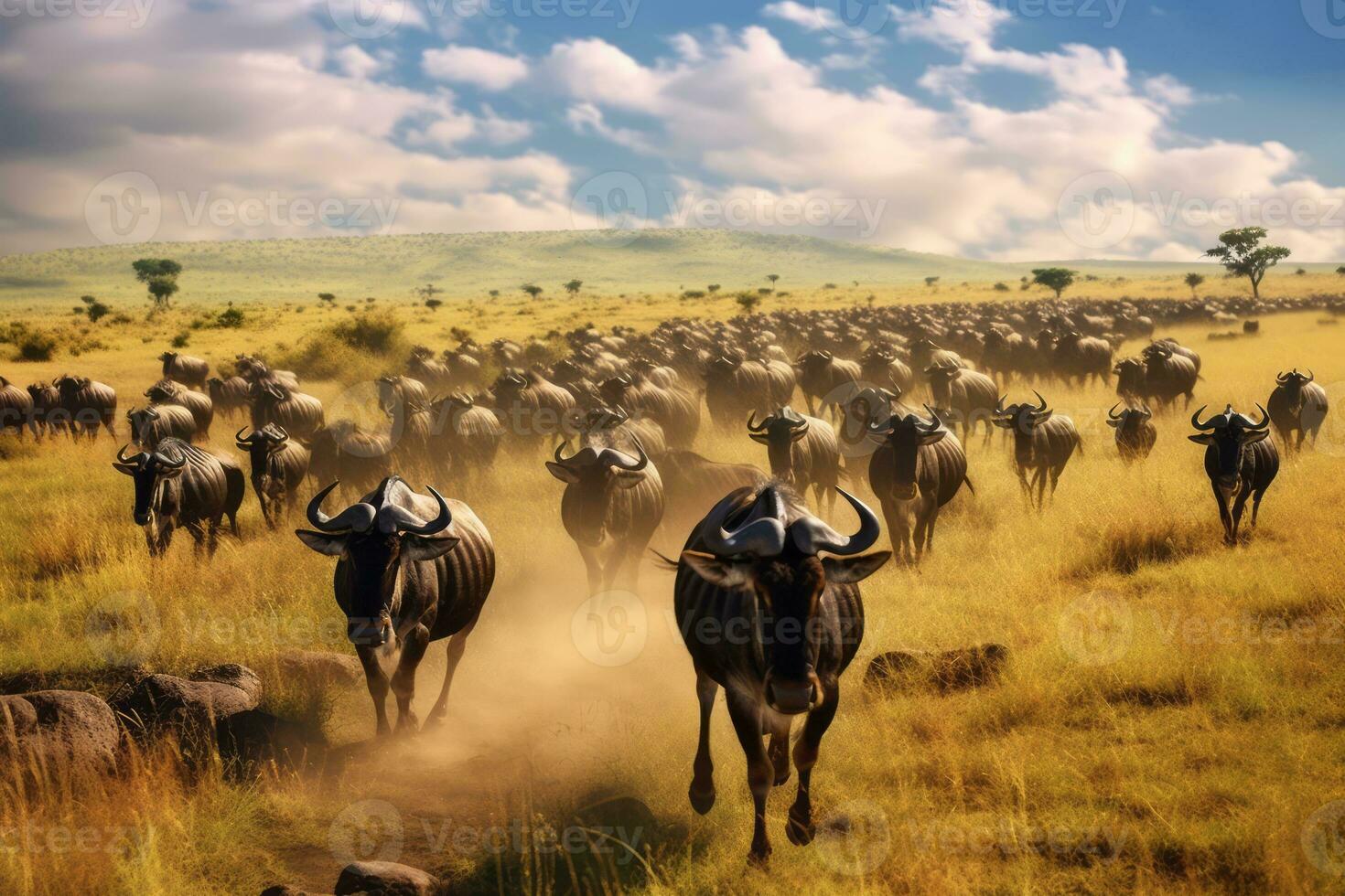 Annual wildebeest migration in the Serengeti, showcasing a vast landscape filled with thousands of animals on the move, symbolizing the circle of life and the beauty of nature. Generative AI photo