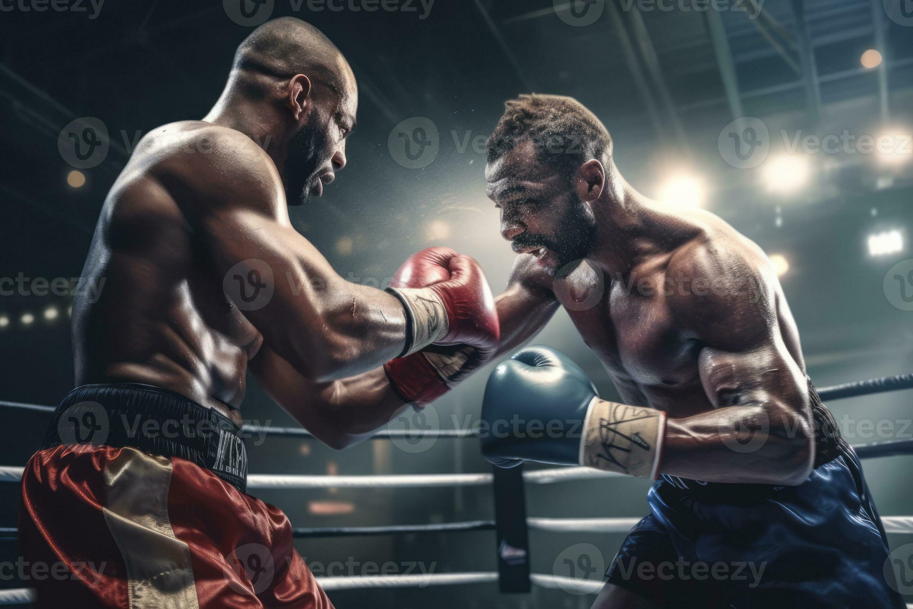 Action shot, boxers in a boxing ring punching each other with spit in