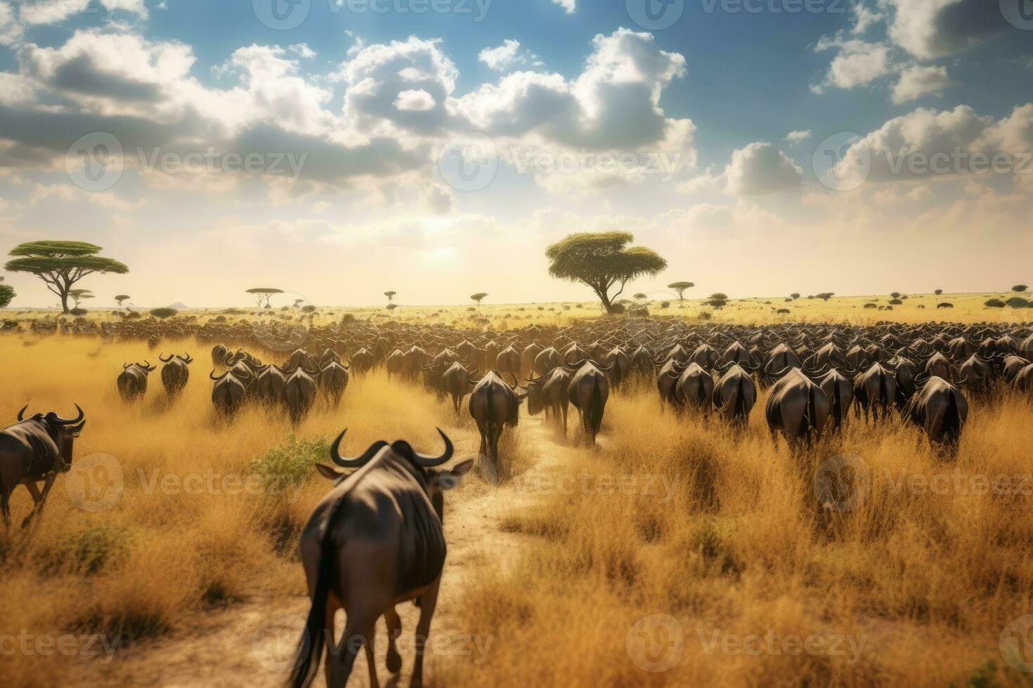 Annual wildebeest migration in the Serengeti, showcasing a vast landscape filled with thousands of animals on the move, symbolizing the circle of life and the beauty of nature. Generative AI photo