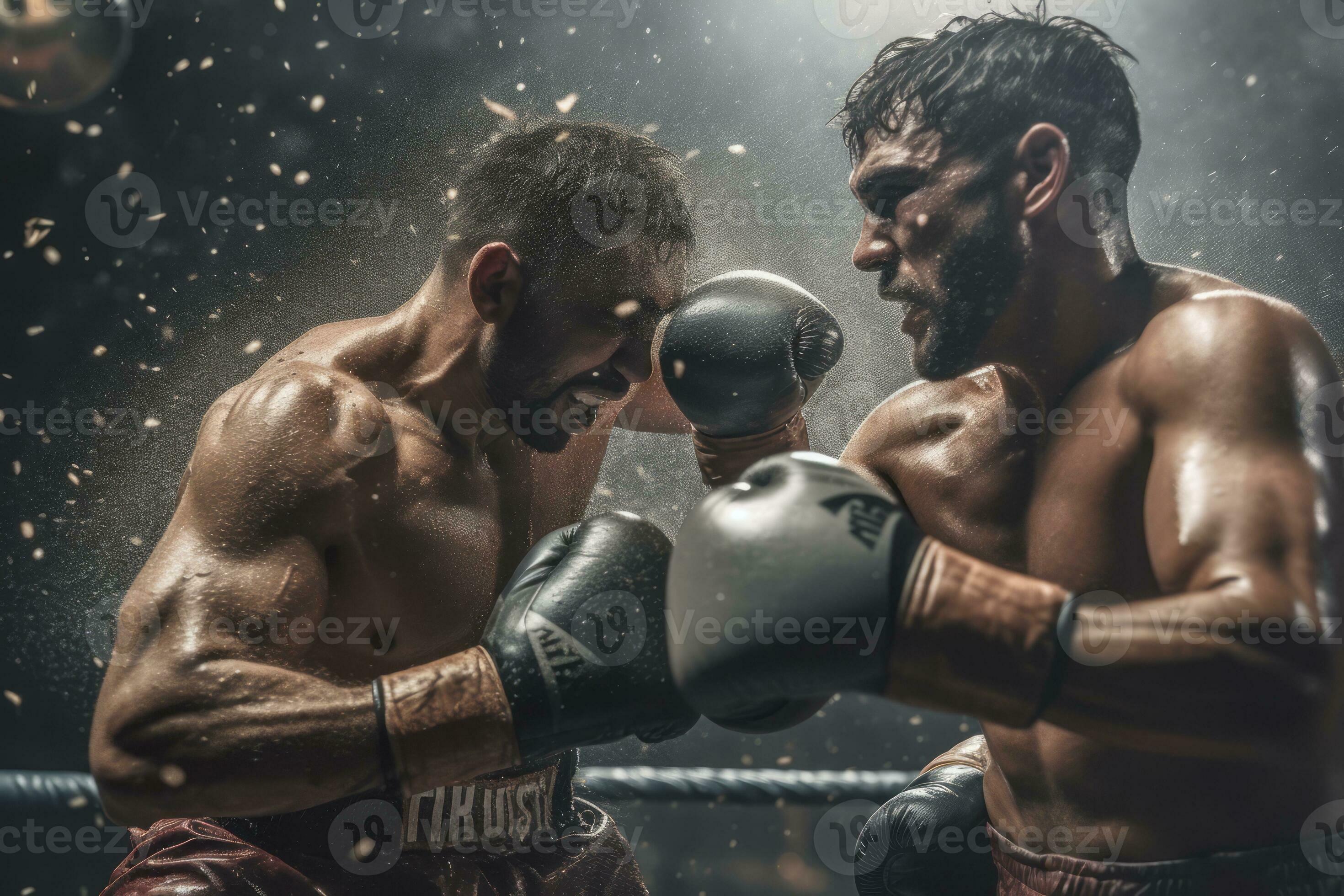 Action shot, boxers in a boxing ring punching each other with spit in