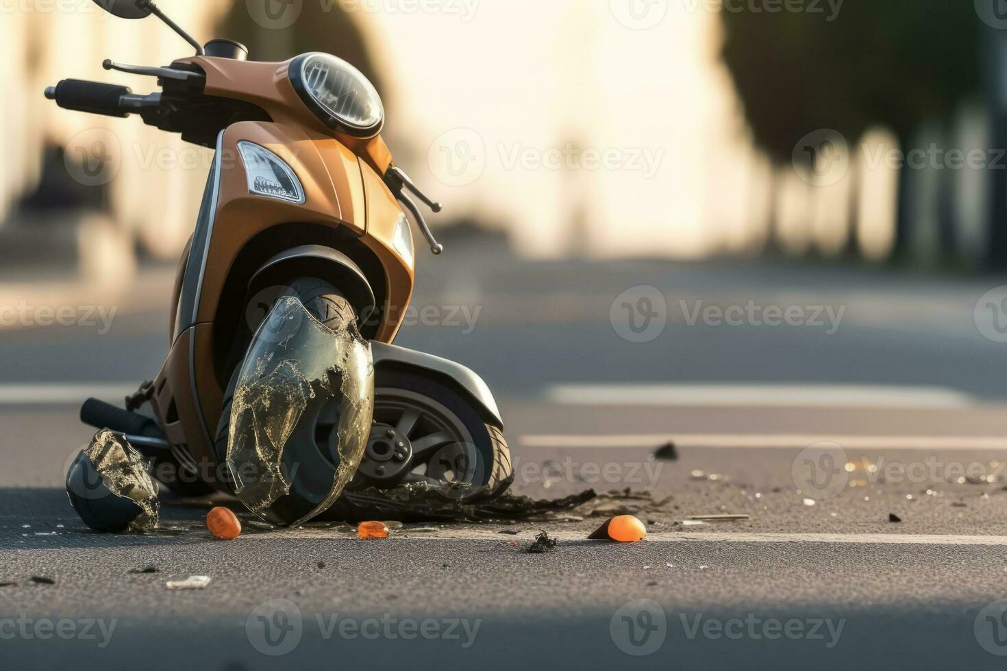 A scooter lays on the ground after being hit by a car in the middle of a city street. Road accident concept. Generative AI photo