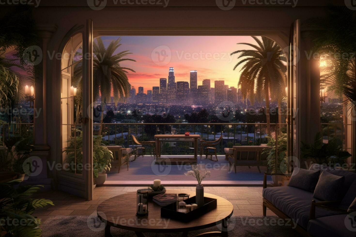 A luxurious penthouse balcony with a pool overlooking Los Angeles, showcasing the iconic skyline, palm trees, and a breathtaking sunset, creating a serene and elegant ambiance. Generative AI photo