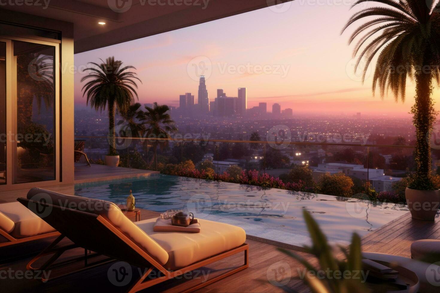 A luxurious penthouse balcony with a pool overlooking Los Angeles, showcasing the iconic skyline, palm trees, and a breathtaking sunset, creating a serene and elegant ambiance. Generative AI photo