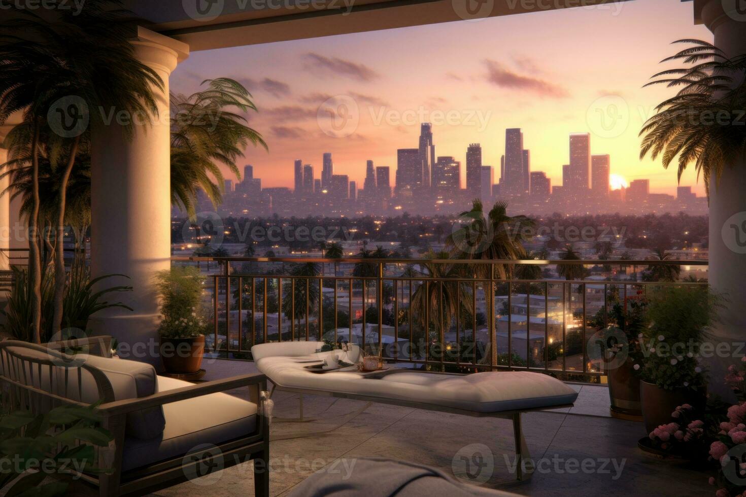 A luxurious penthouse balcony with a pool overlooking Los Angeles, showcasing the iconic skyline, palm trees, and a breathtaking sunset, creating a serene and elegant ambiance. Generative AI photo