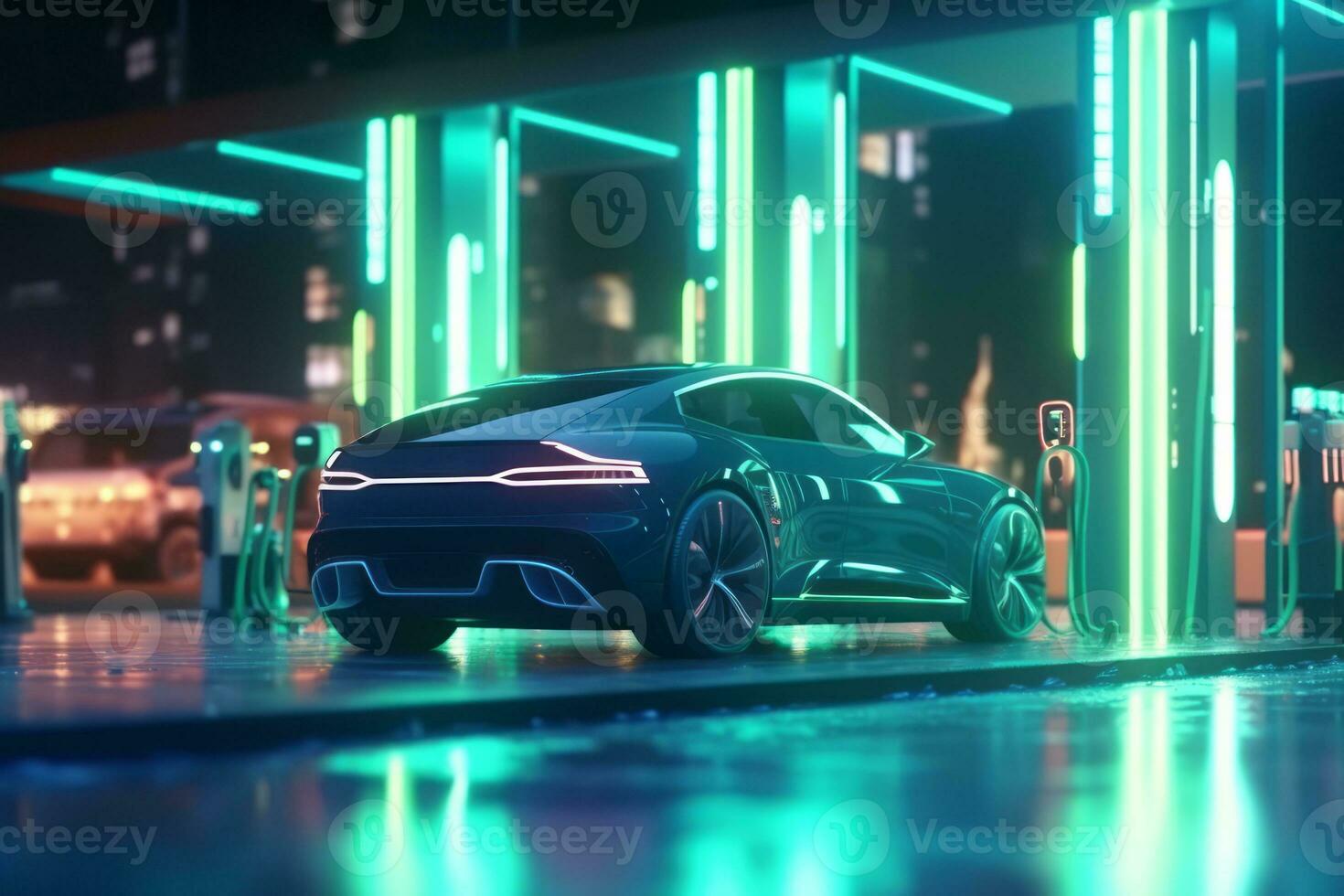 Illustration of futuristic electric car in charging station. Generative AI photo