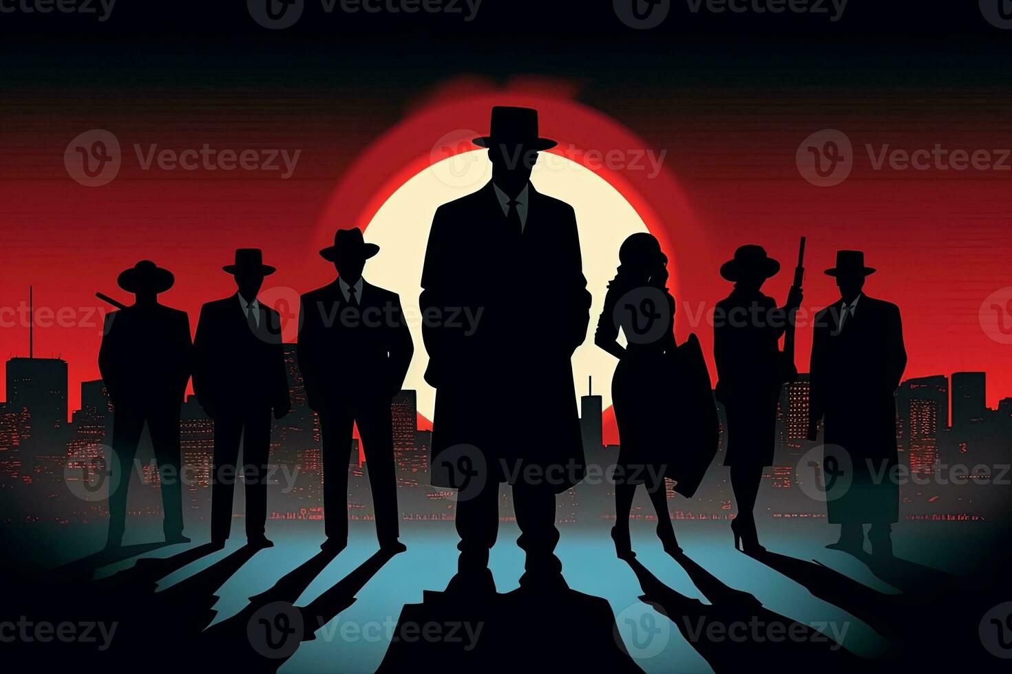 Illustration Silhouettes of gangsters against a backdrop of a cityscape at dusk, evoking the atmosphere of the Prohibition era. Generative AI photo
