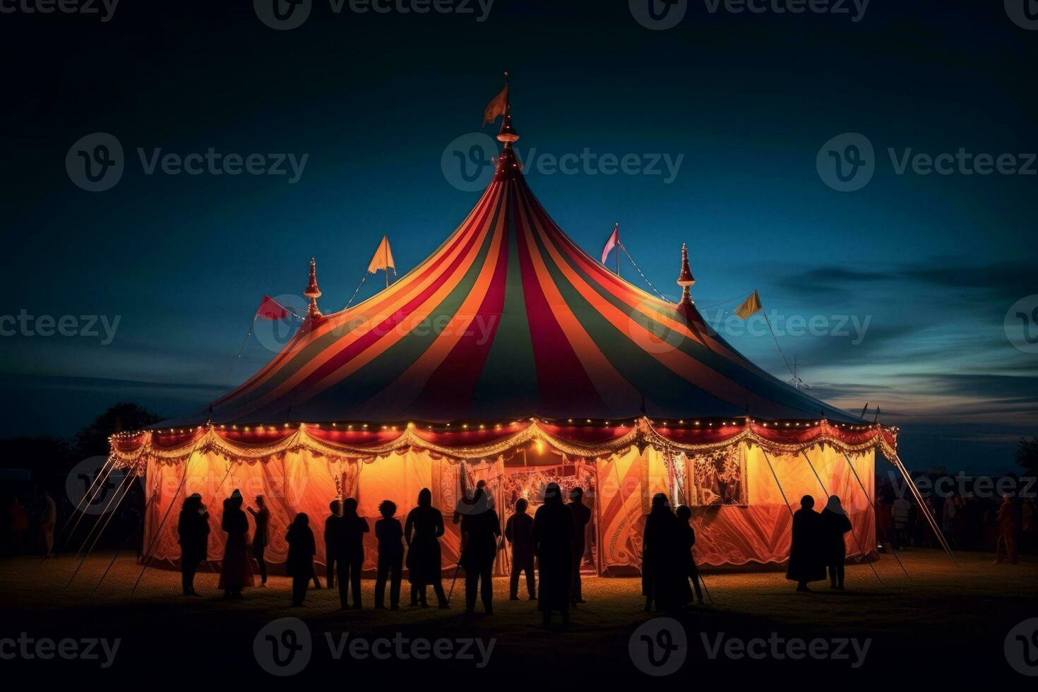 Magical Circus Tent Illuminated at Dusk with Spectators Gathered in Anticipation. Generative AI photo
