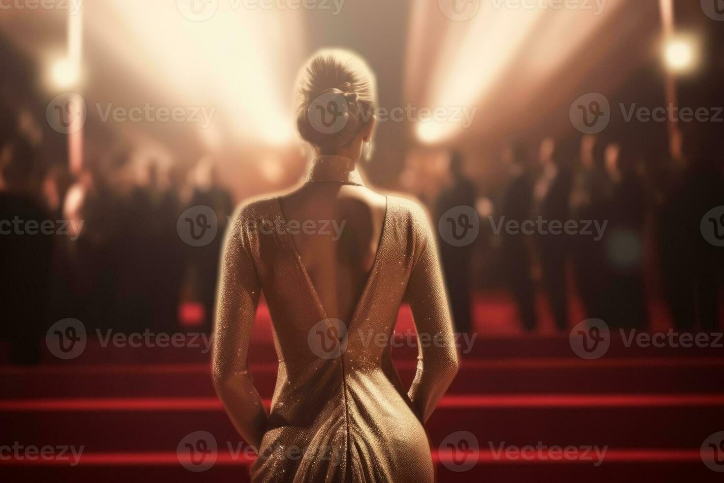 A back view of glamourous female celebrity posing for paparazzi pictures on the red carpet at an awards show. Generative Ai photo