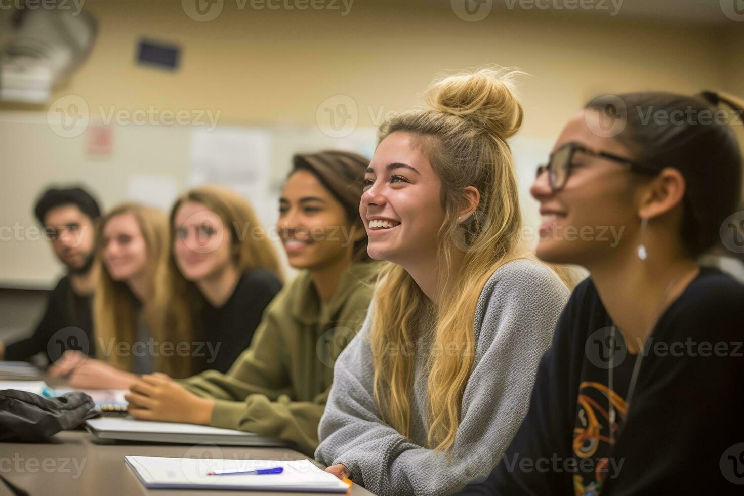 Philosophy Classroom. Diverse Students Engaged in a Thoughtful Discussion Inspired by Aristotle's Teachings. Generative AI photo